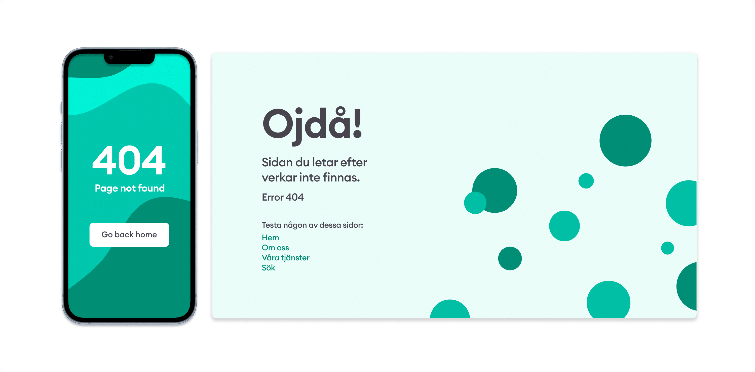 Exempel på användarvänlig 404-sida med tydliga länkar till webbplatsens viktigaste sektioner.