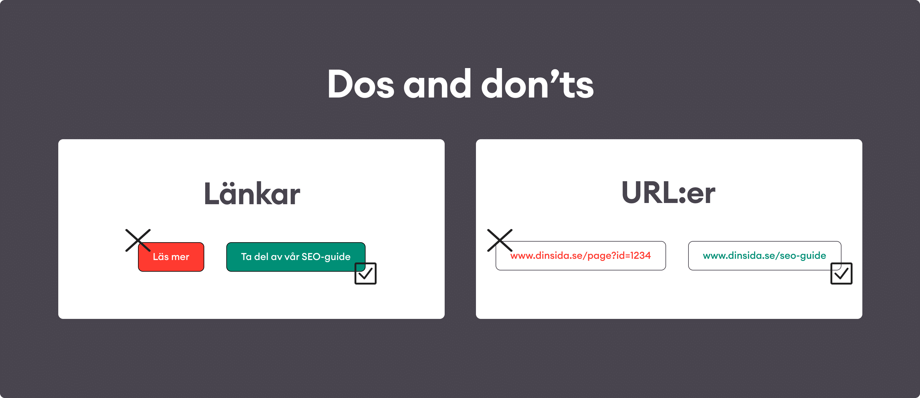 Jämförelse mellan en optimerad URL-struktur och en icke-optimerad länk.