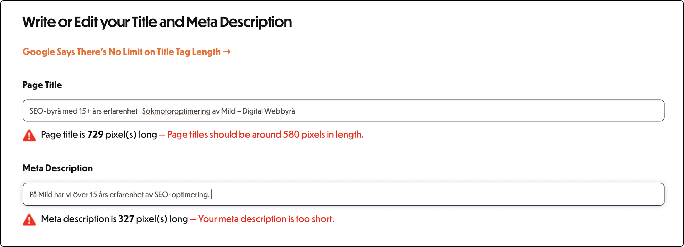 Skärmdump av verktyg som kontrollerar längden på sidtitlar och metabeskrivningar.
